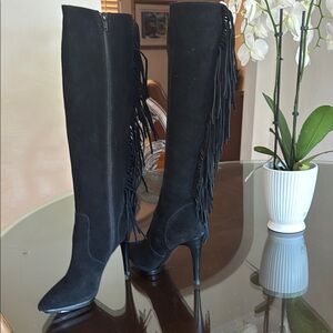Neiman Marcus Black Fringe Heeled Boots